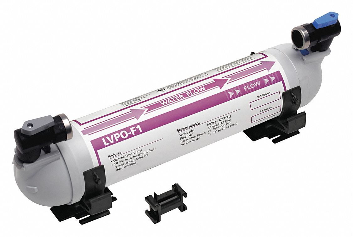 Inline Water Filter Systems: 5 micron, 3 gpm, NPT, 16 in Overall Ht, 6, 000 gal, Carbon