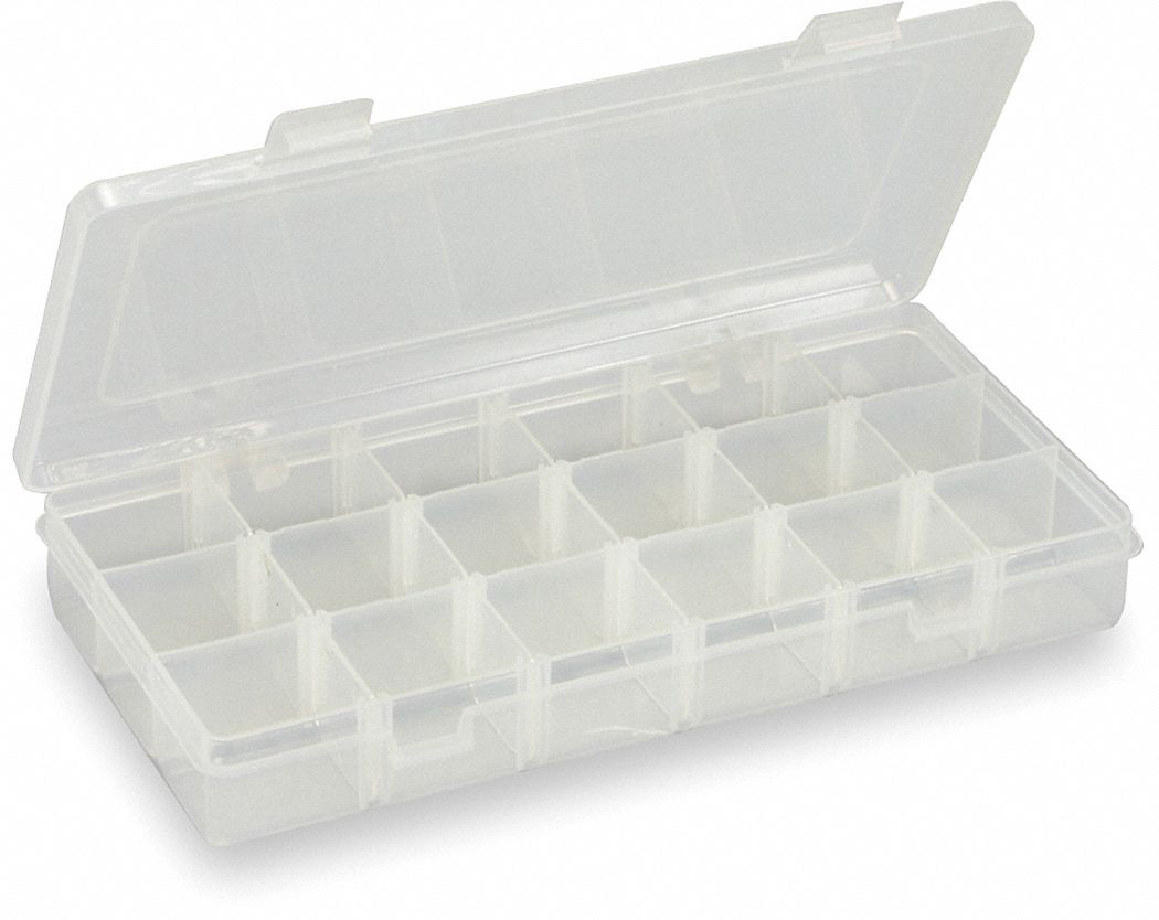 ADJUSTABLE COMPARTMENT BOX, 5 X 9 X 1⅜ IN, CLEAR, 18 COMPARTMENTS, 15 ADJUSTABLE DIVIDERS