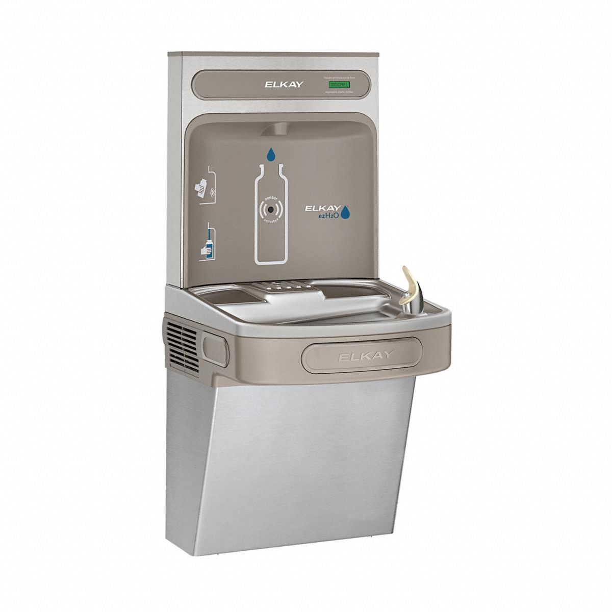 Drinking Fountain with Bottle Filler: On-Wall, 8 gph @ 50°F, Stainless Steel, Silver