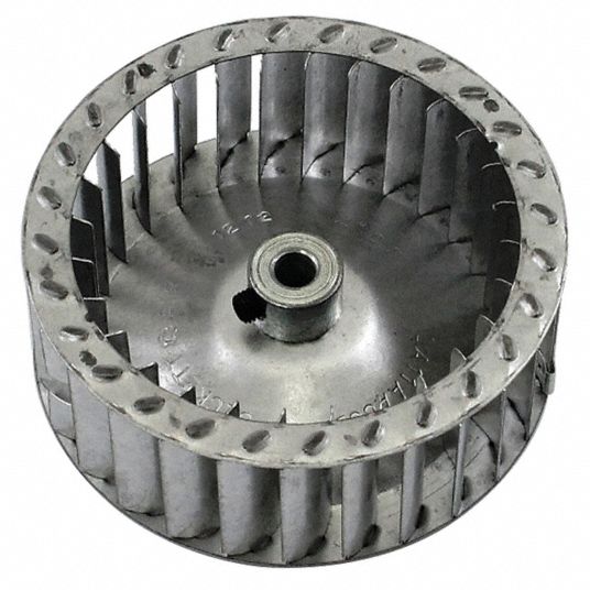 Blower Wheel: 4 in Dia, 1 1/2 in W, CW Closed End, Steel Wheel, 1 Inlets,  1/4 in Bore, Tabbed