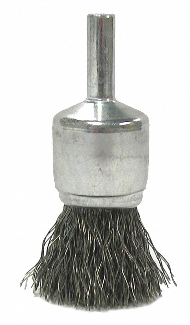 END BRUSH, CRIMPED STAINLESS STEEL, ¾ IN DIAMETER, 0.014 IN FILL DIAMETER, ¼ IN SHANK