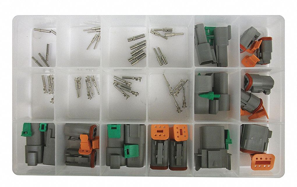 CONNECTOR KIT, 18 ASSORTED DEUTSCH CONNECTORS AND PINS, PLASTIC CASE, 76 PIECES