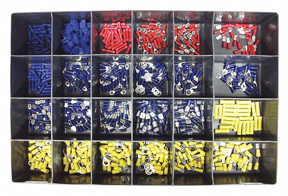 VINYL INSULATED TERMINAL KIT, 24 ASSORTED BUTT/RING/BULLET/QUICK CONNECTORS, 600 PIECE, PLASTIC CASE