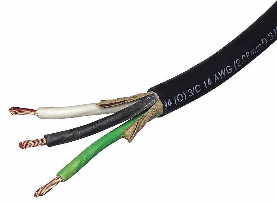 RUBBER CORD, 100 FT L, BLACK WIRE, BLACK, GREEN, WHITE JACKET, 16/3 SJ