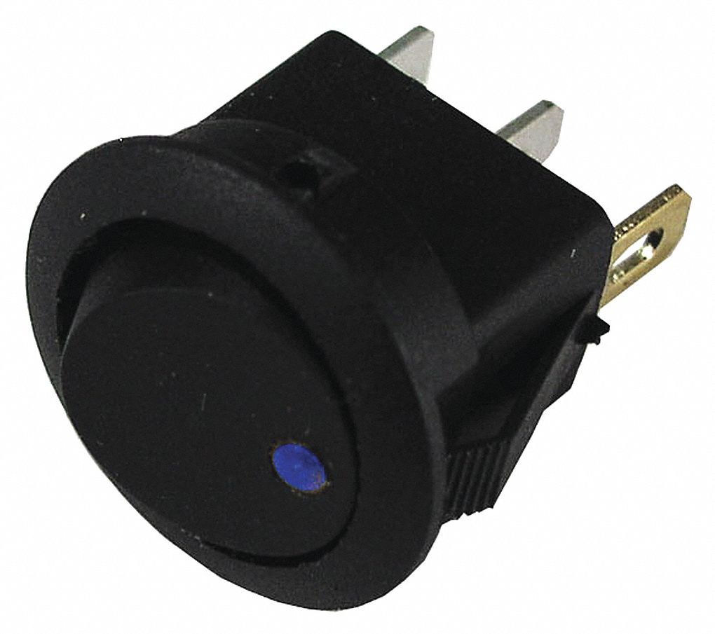ROCKER SWITCH, ON/OFF, SPST, 16 A AT 12 V, BLUE LED, ROUND,BLACK/BLUE, 3/4 IN MOUNT