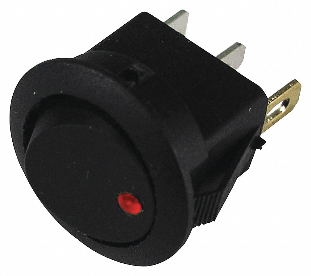 ROCKER SWITCH, ON/OFF, SPST, ROUND, RED LED, 16 A AT 12 V, 3/4 IN MOUNT, BLACK/RED