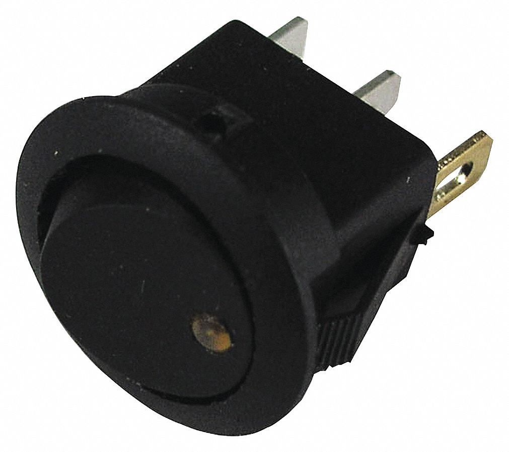 ROCKER SWITCH, ON/OFF, SPST, ROUND, 16 A AT 12 V, AMBER LED, BLACK/AMBER, 3/4 IN MOUNT