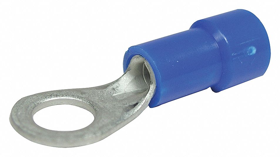 RING TERMINALS, 600 V, 16-14 GA, STUD SZ #10, BLUE, 4 13/32 IN L, VINYL/COPPER, PK 100