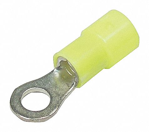 RING TERMINALS, 600 V, 12-10 GA, STUD SZ 3/8 IN, YELLOW, 4 13/32 IN L, VINYL/COPPER, PK 50