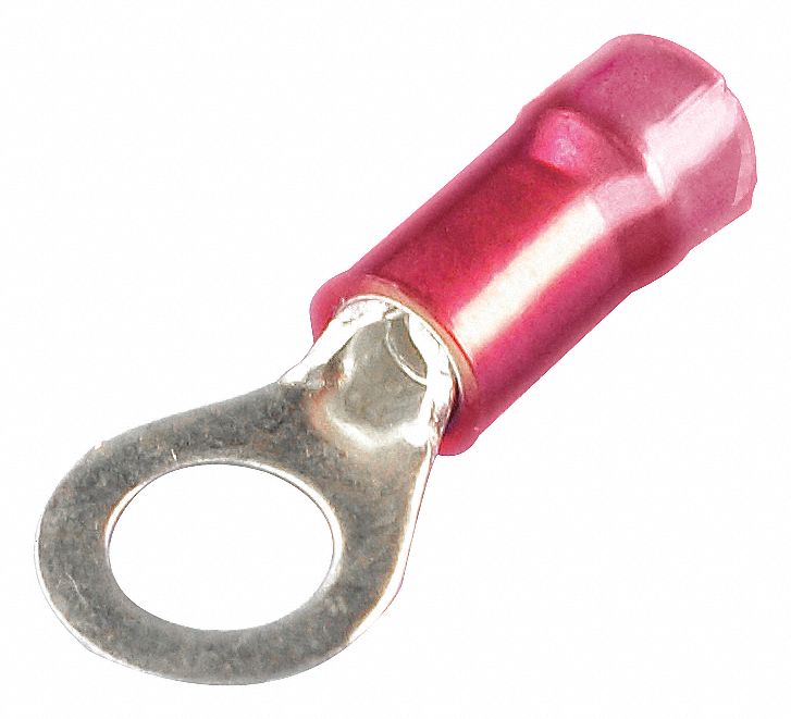 RING TERMINALS, 600 V, 22-18 GA, STUD SZ #10, 4 13/32 IN L, NYLON/COPPER/BRASS, PK 100