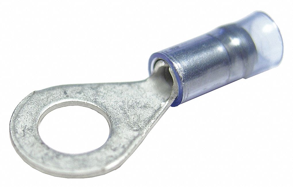 RING TERMINALS, 600 V, 16-14 GA, STUD SZ #10, BLUE, NYLON/COPPER/BRASS, PK 100