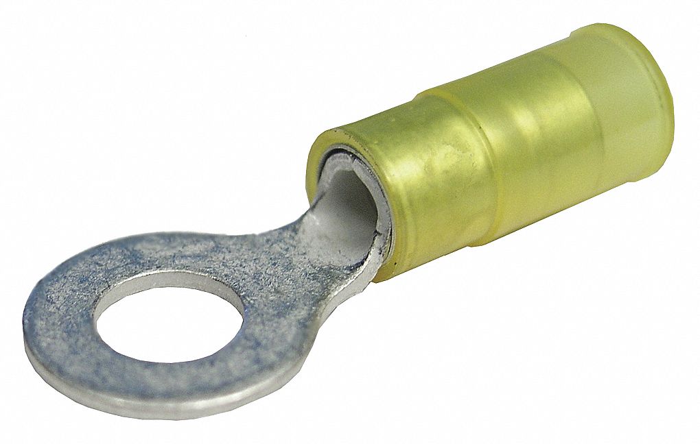 RING TERMINALS, 600 V, 12-10 GA, STUD SZ #10, 4 13/32 IN L, NYLON/COPPER/BRASS, PK 100
