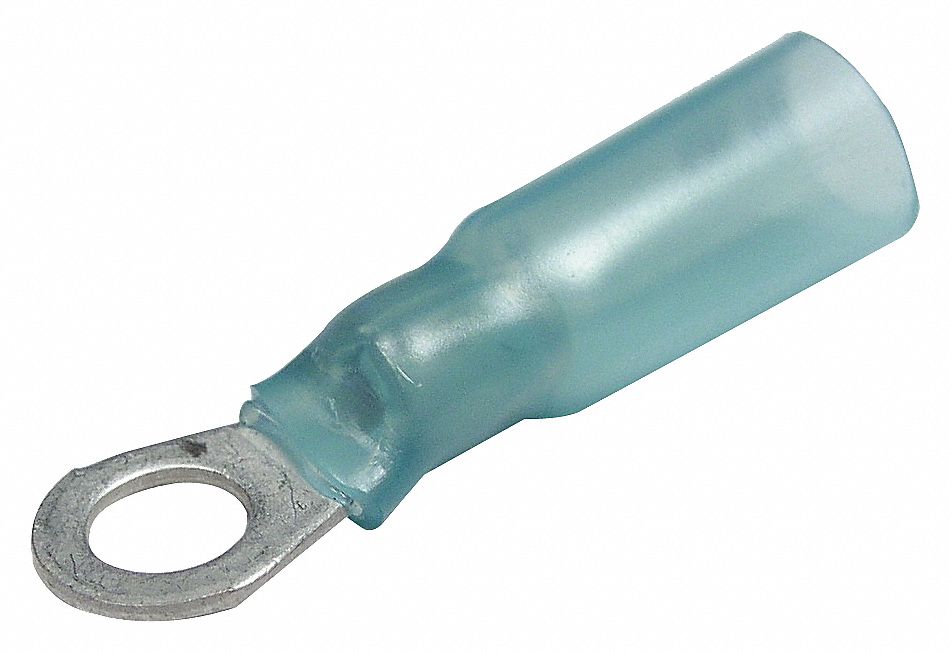 RING CONNECTORS, SHRINK TUBING, 600V, 16-14 GA, STUD SZ 3/8 IN, 4 1/64 IN L, COPPER, PK 25