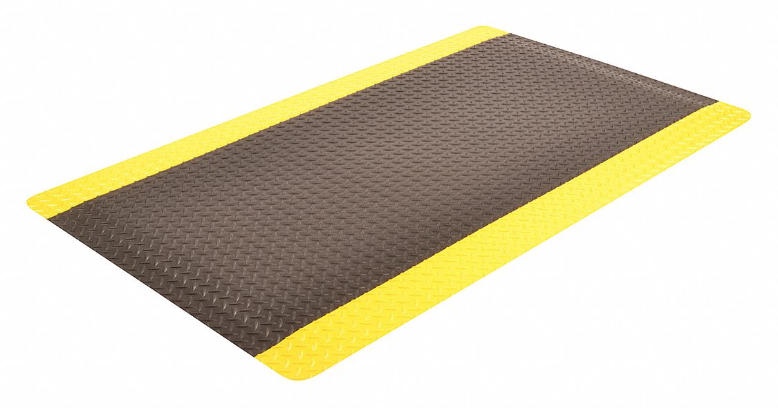 Antifatigue Mat, Black, YllwBrdr, 3x10ft