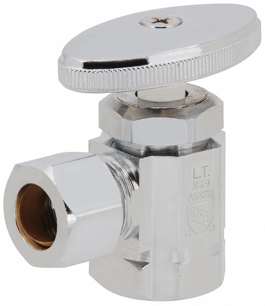 Water Supply Stop: 1/2 in FIP, 3/8 in Compression, Chrome-Plated Brass, Angle Body