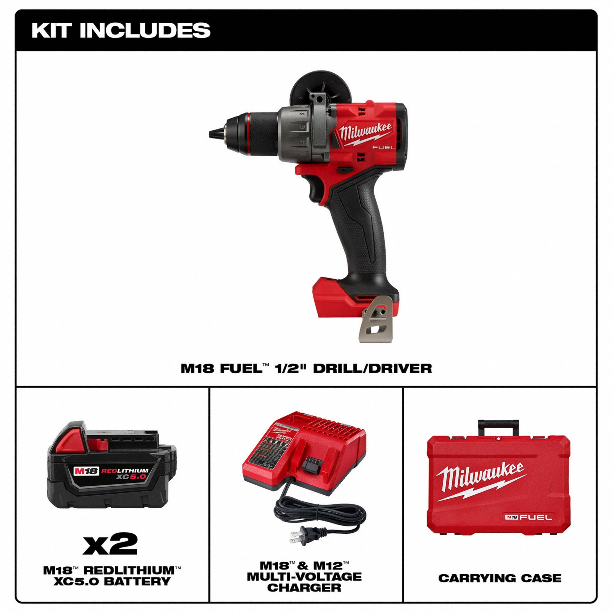 MILWAUKEE Drill: 18V DC, Compact Premium, 1/2 in Chuck, 2,100 RPM Max ...