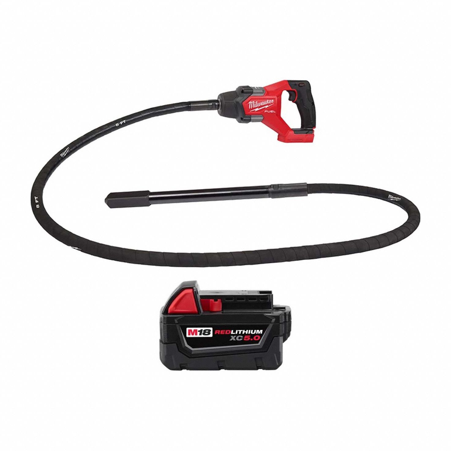 Concrete Vibrator and Battery: Handheld, 18V DC, 8 ft Lg, 1 in Dia, 4 in Radius, 5.0 Ah