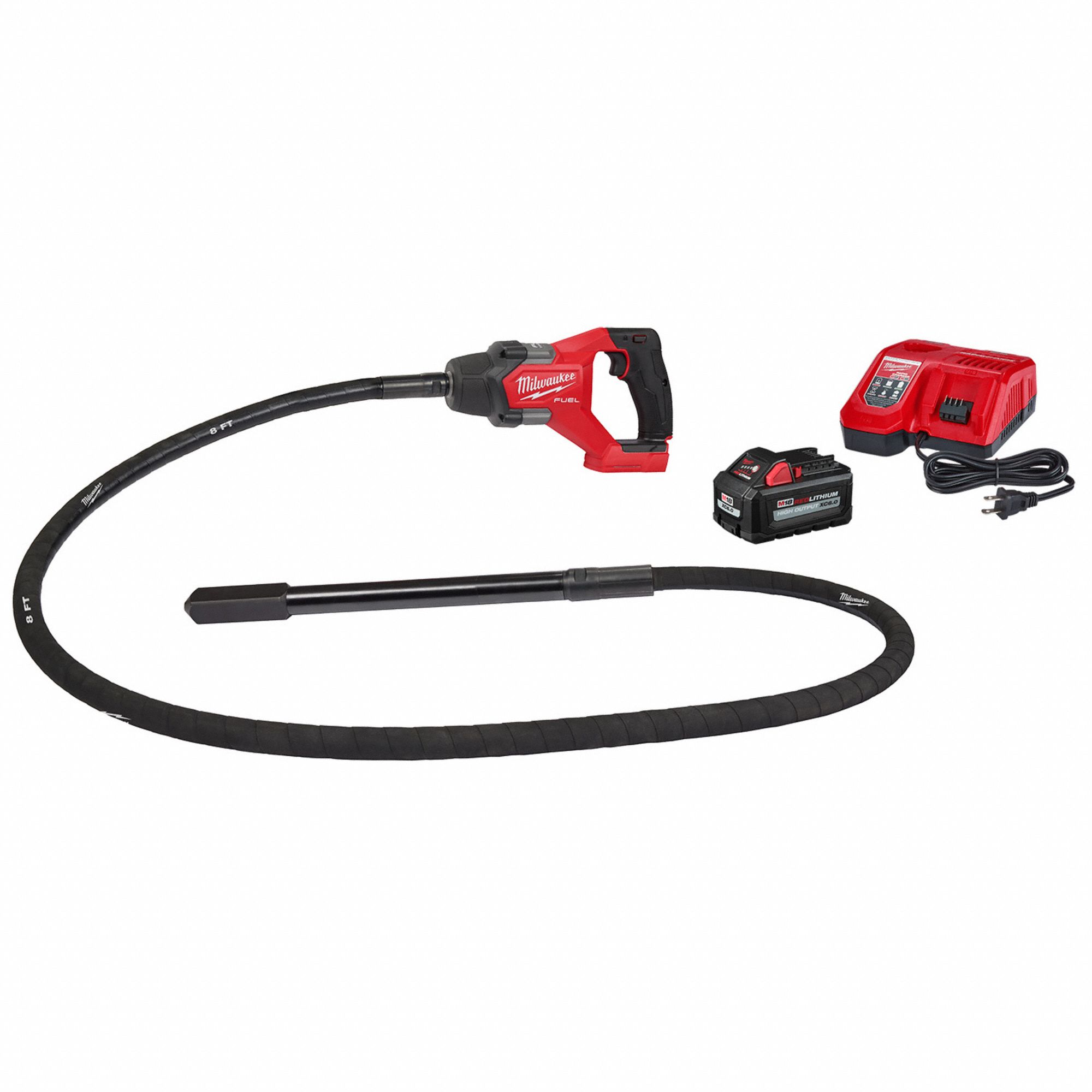 Concrete Vibrator Kit: Handheld, 18V DC, 8 ft Lg, 1 in Dia, 4 in Radius, Brushless Motor