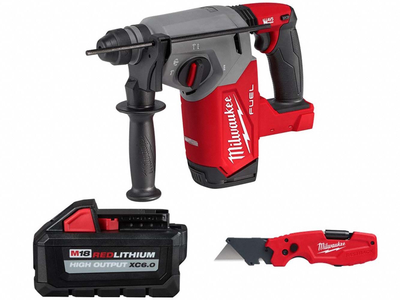 Rotary Hammer, Battery and Utility Knife: Pistol-Grip, SDS-Plus, 2 1/2 in max, 6 Ah