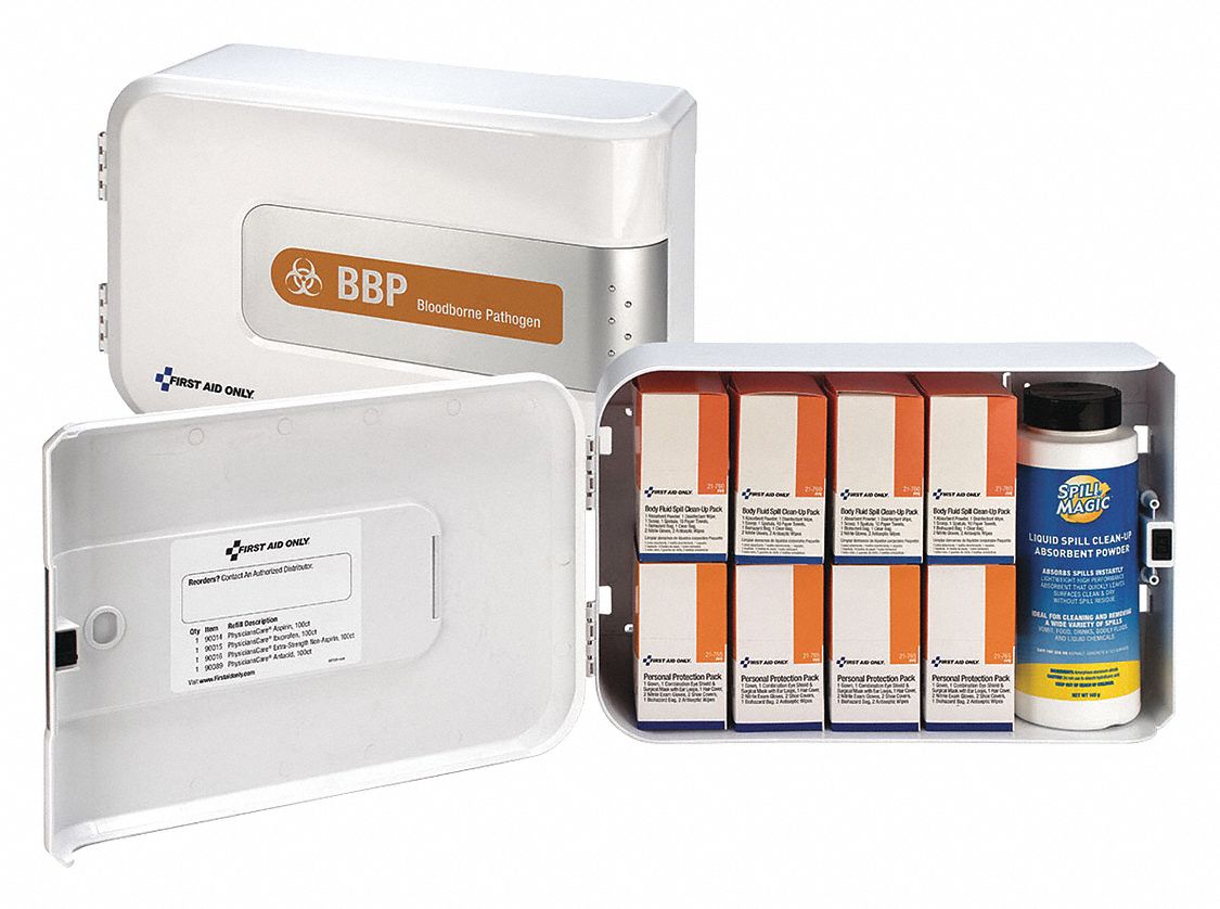 Bloodborne Pathogen Kit: (8) Biohazard Bags, White, Wall Cabinet