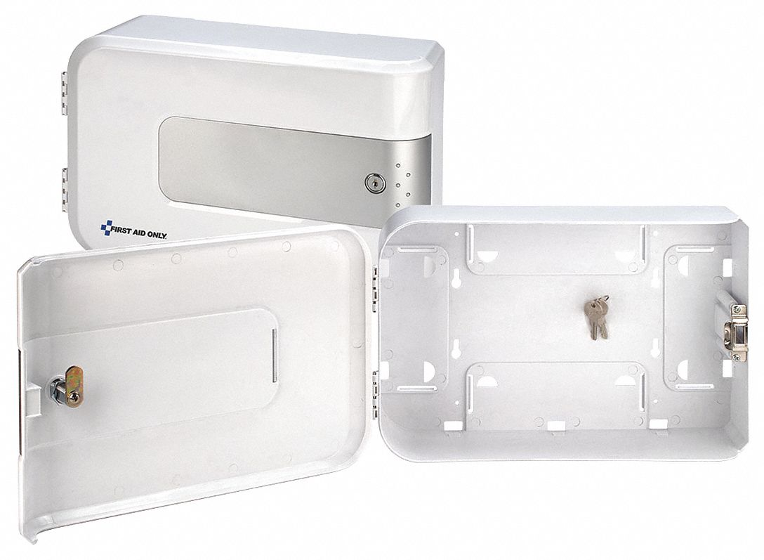 Empty First Aid Kit: 5 1/4 in Overall Ht, 9 3/4 in Overall Wd, 15 1/2 in Overall Dp, White, Plastic