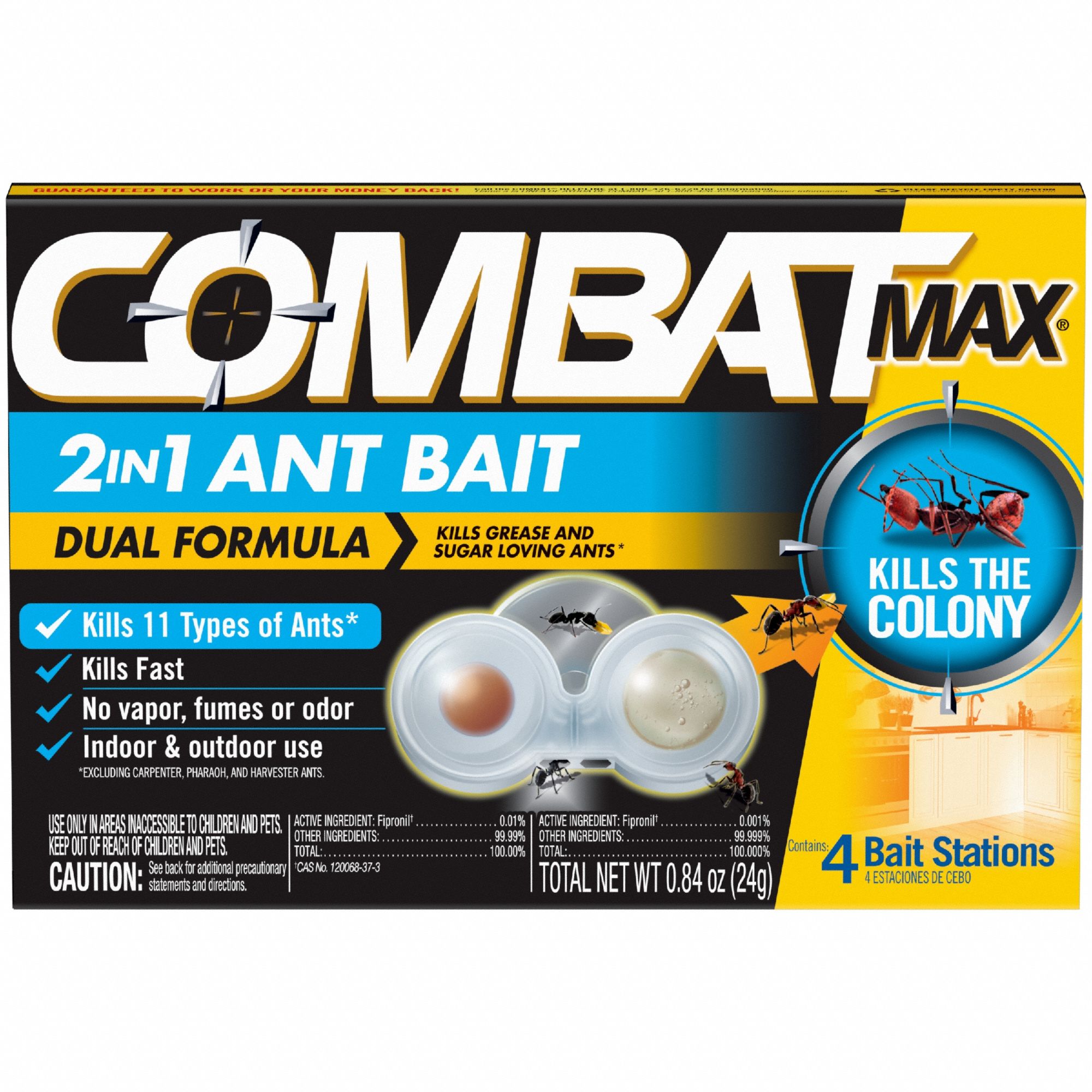 COMBAT Ant Bait: For Use On Crawling Insects, Bait Box Trap, Indoor/Outdoor Use, 8 PK (MPN 07172). Key specifications — Brand: COMBAT; Indoor/Outdoor Use: Indoor/Outdoor; Insect Group: Crawling; Targeted Insects: Ants; Color: Clear; Trap Style: Bait Box.