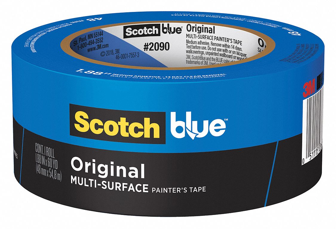 Painter's Tape: 1 7/8 in x 60 yd, 5.4 mil Thick, Acrylic Adhesive, Indoor and Outdoor, Blue, 18 PK