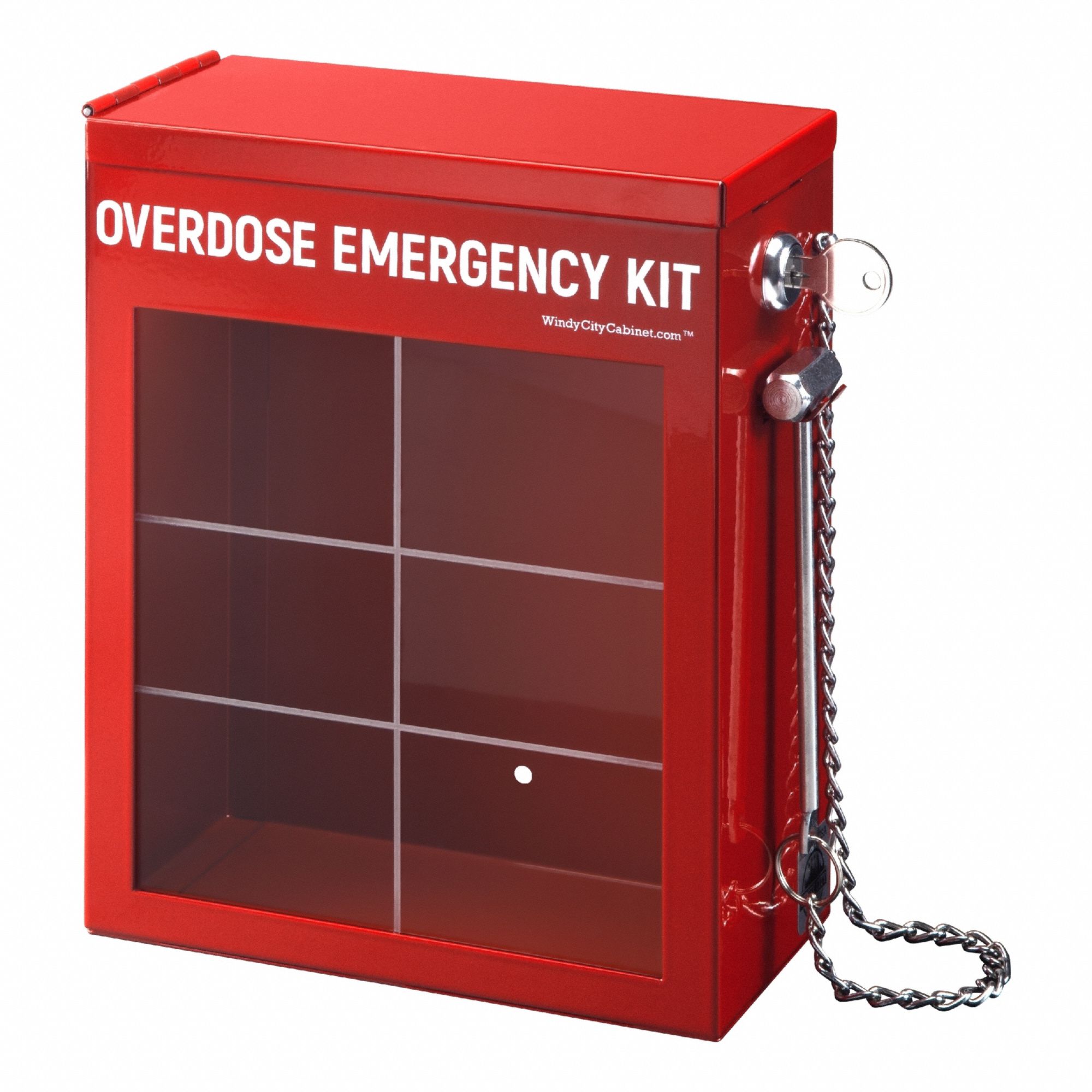 Overdose Cabinet: 9 in Overall Ht, 7 3/4 in Overall Wd, 3 5/8 in Overall Dp, Red, Steel, Metal