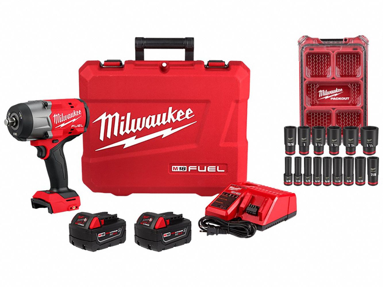 Impact Wrench Kit: 1/2 in Drive Size, 1, 100 ft-lb Fastening Torque, Brushless, M18 FUEL™