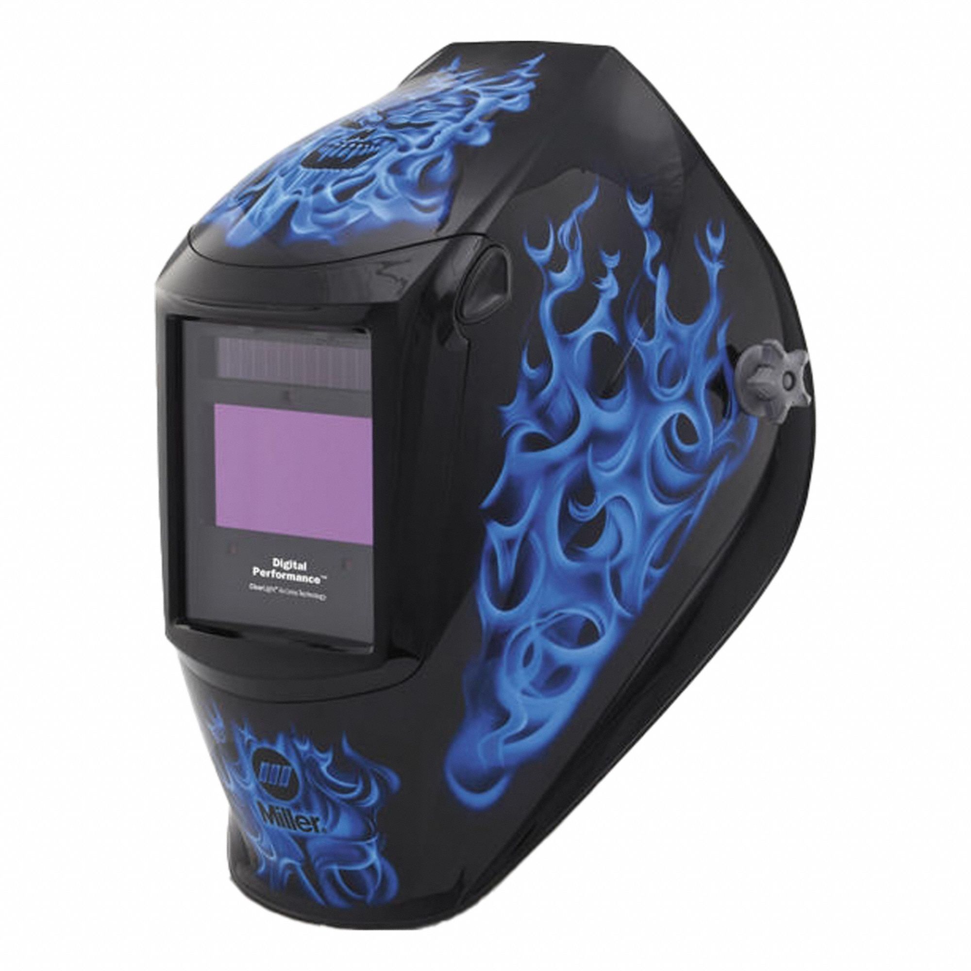Welding Helmet: Auto-Darkening, 3 Arc Sensors, Black/Blue, Flames, W8-W13, 7.2 sq in