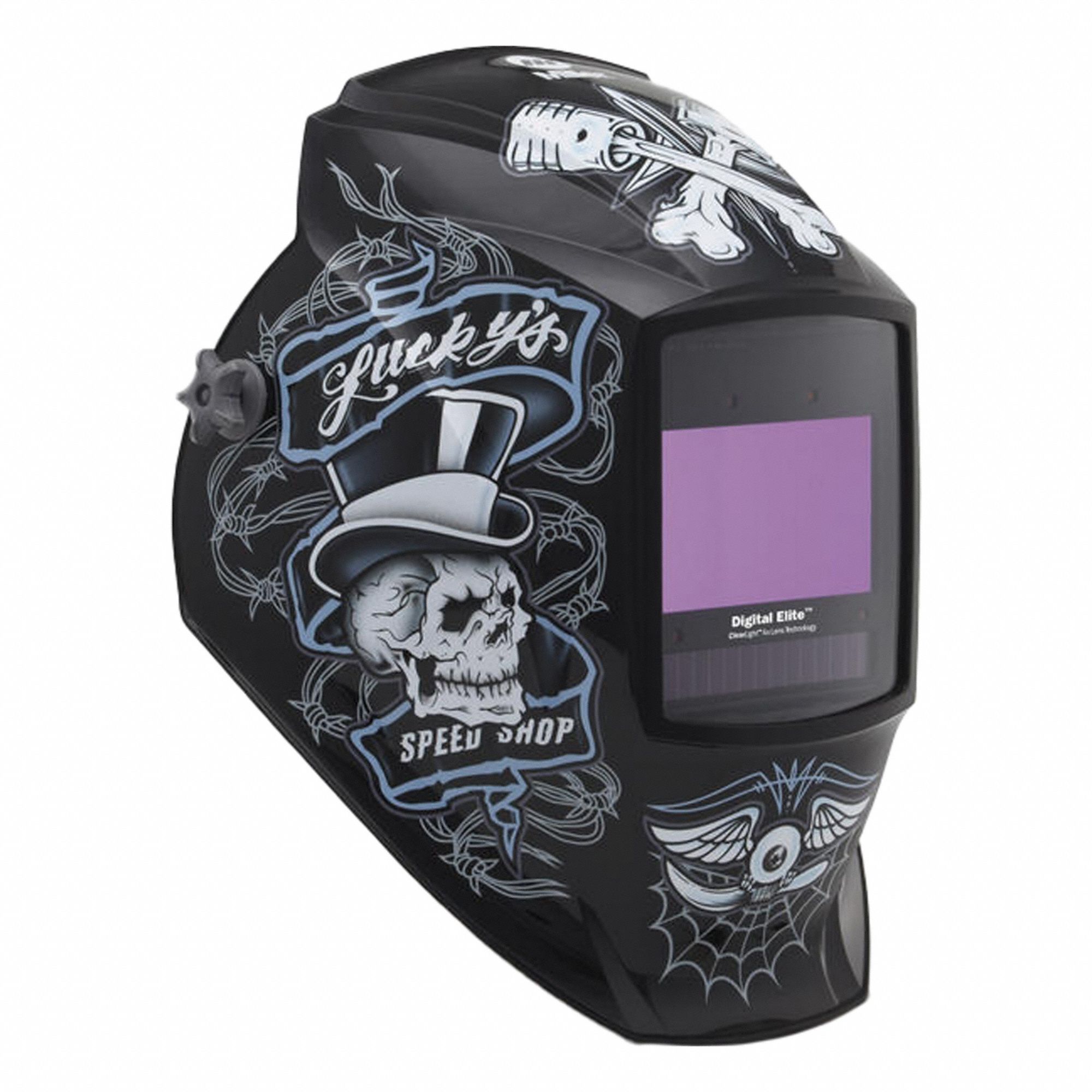 Welding Helmet: Auto-Darkening, 4 Arc Sensors, Black/Blue/White, Skulls, W8-W13