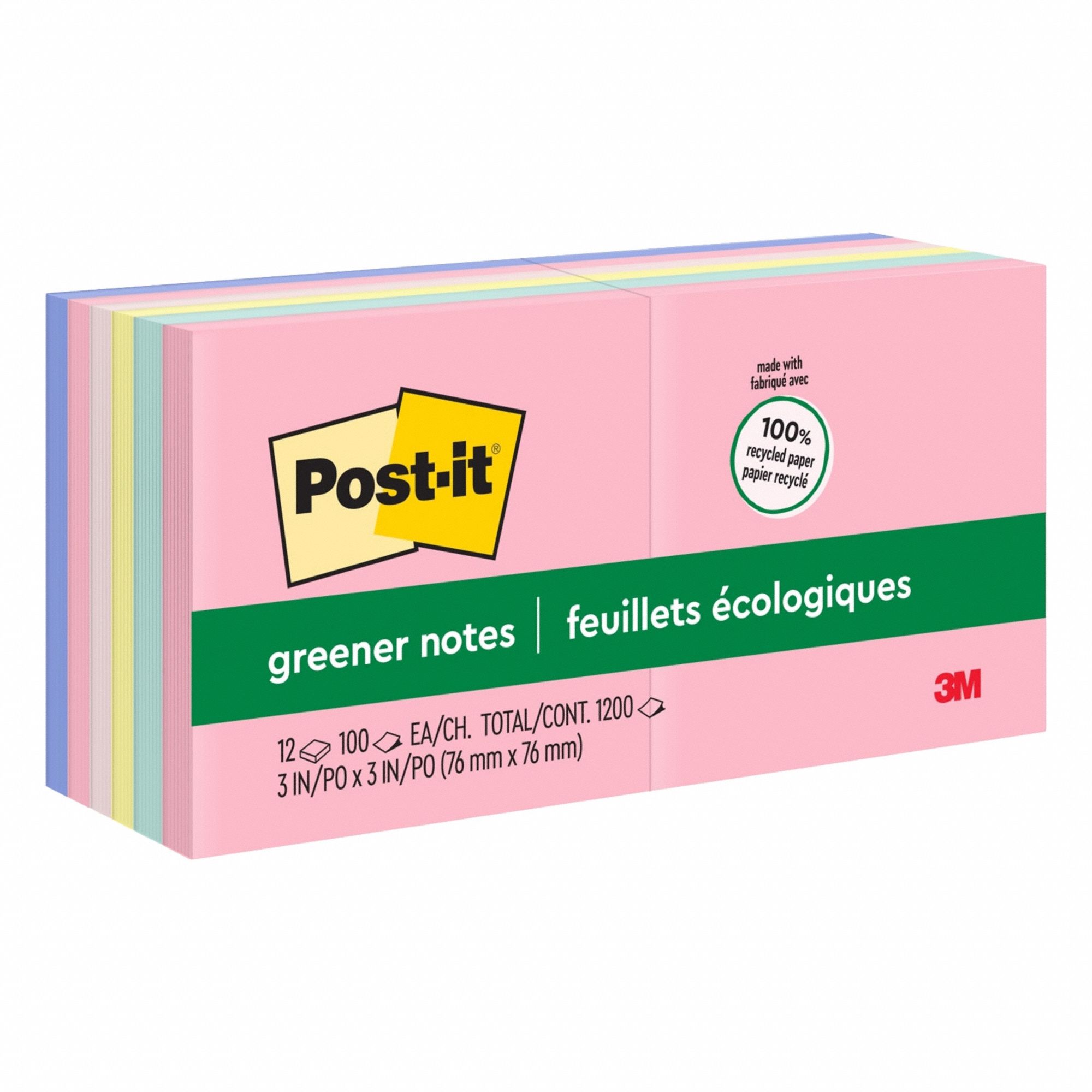 Sticky Notes: Assorted Pastel, Std, 100 Sheets per Pad, 12 Pads per Pack, 3 in x 3 in, 12 PK