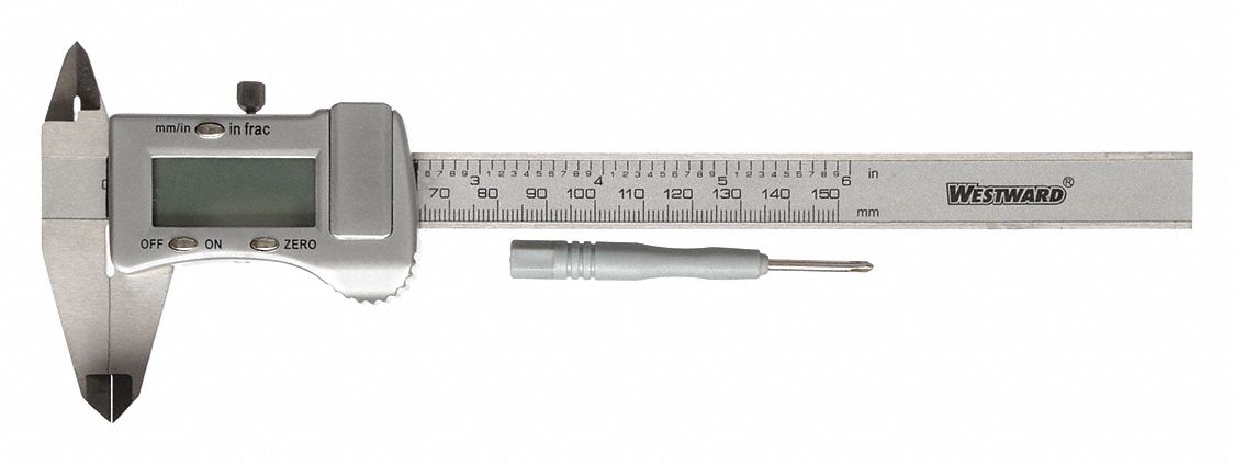 FRACTIONAL-DISPLAY DIGITAL CALIPER, 0 TO 6 IN/0 TO 15MM RANGE, STAINLESS STEEL, 4-WAY