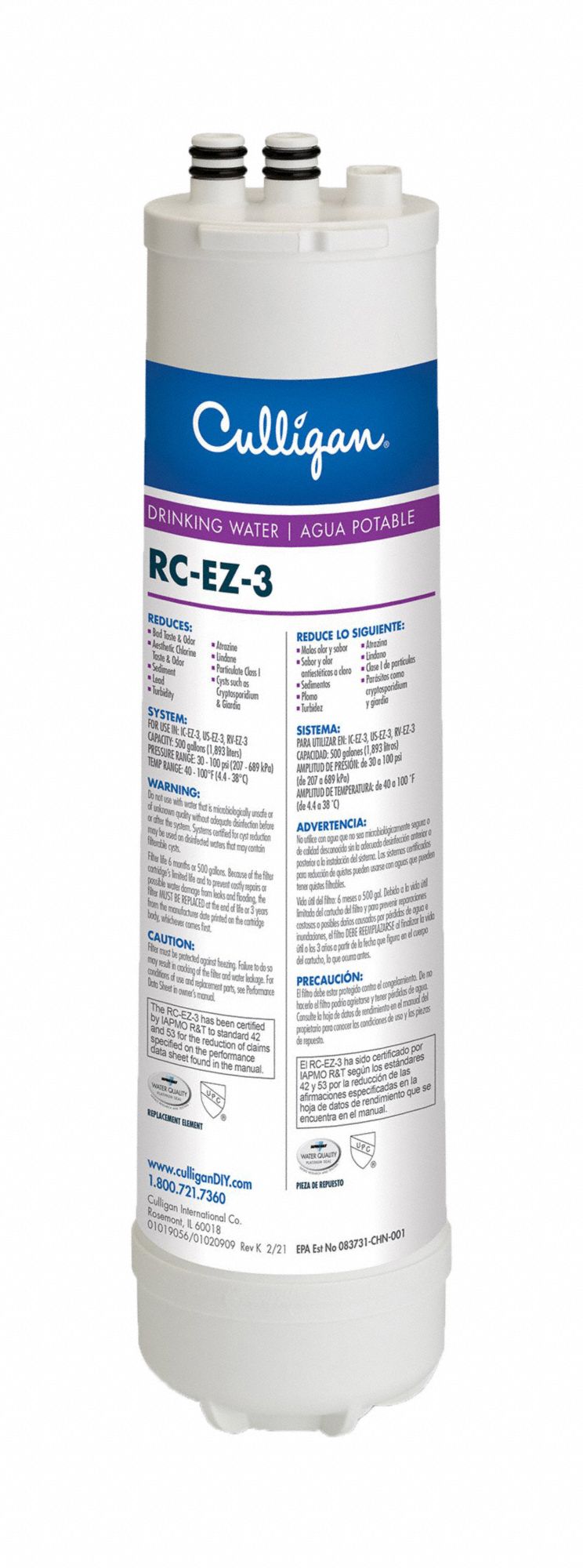 Quick-Connect Water Filter: 0.5 micron Micron Rating, 500 gal Service Life - Gallons