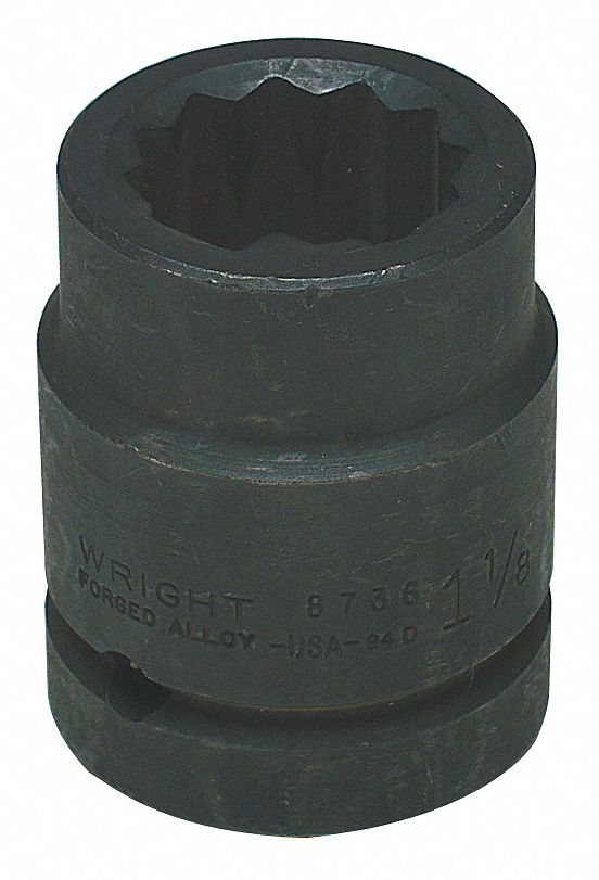 Impact Socket: 1 in Drive Size, SAE, 1 1/16 in Socket Size, 12-Point, Std, Black Oxide