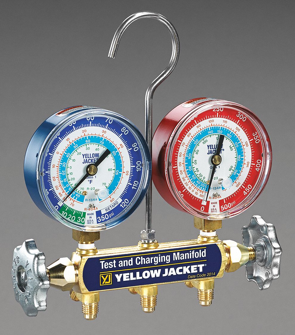 MANIFOLD GAUGE SET, FORGED BRASS, ¼ IN, 2 VALVES, 0 TO 500/30 IN HG TO 120 PSI