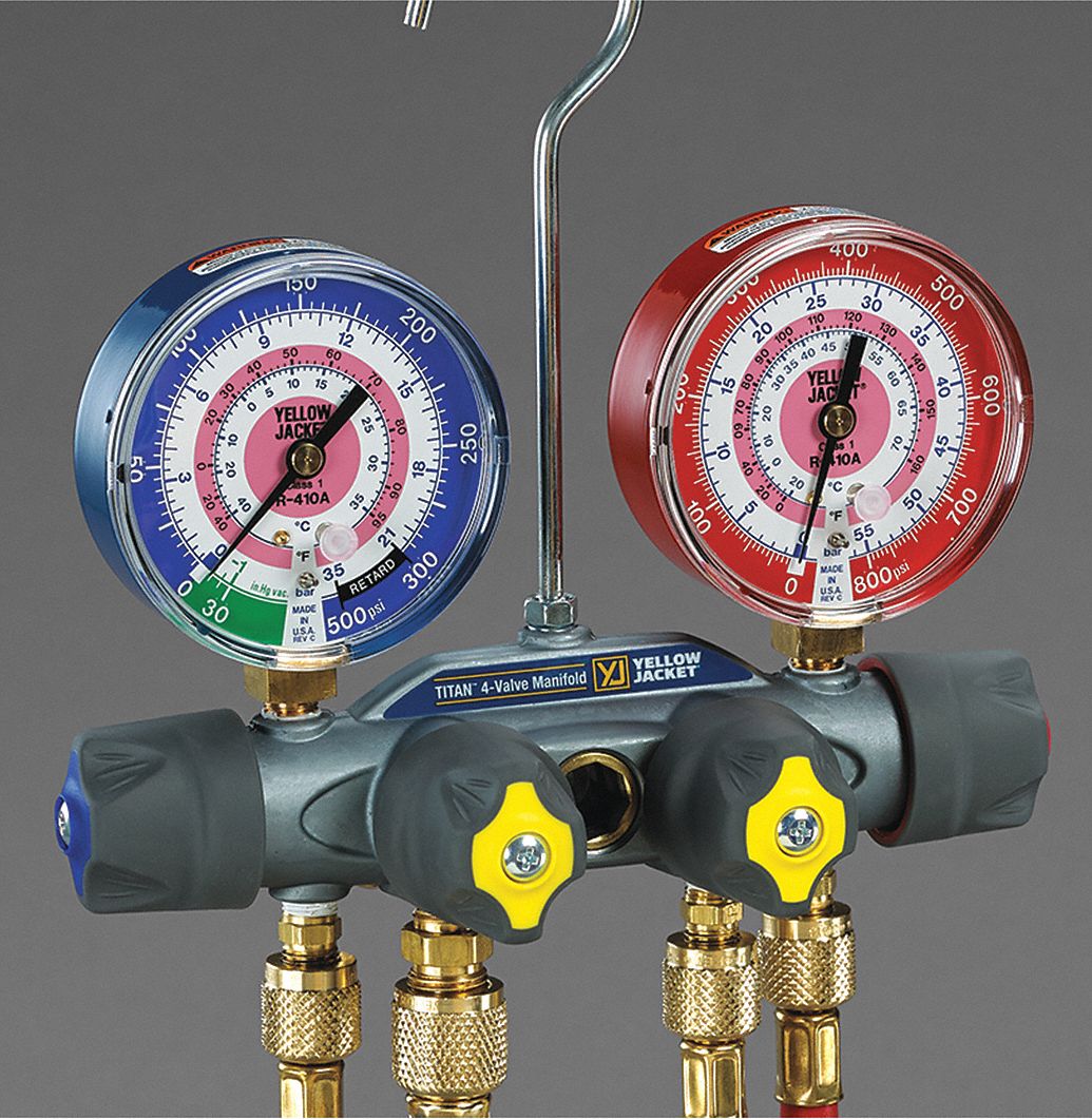 thumbnail interactive-video image 1 of Yellow Jacket 42001 2-Valve Mechanical Manifold Gauge Set - For R22, R404a, R410a 1 of 6