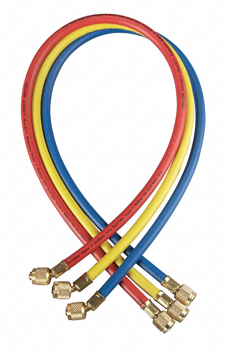 HOSE, RUBBER/BRASS, 36 IN, ¼ IN FEMALE, 800/4000 PSI, 45 ° , BLUE/RED/YLW, FOR R-410A