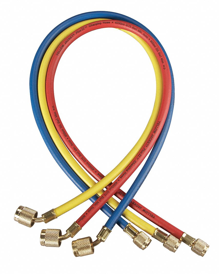 HOSE, RUBBER/BRASS, 36 IN, ¼ IN FEMALE, 800/4000 PSI, 45 ° , BLUE/RED/YLW, FOR R-410A