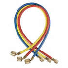HOSE, RUBBER/BRASS, 36 IN, ¼ IN FEMALE, 800/4000 PSI, 45 ° , BLUE/RED/YLW, FOR R-410A