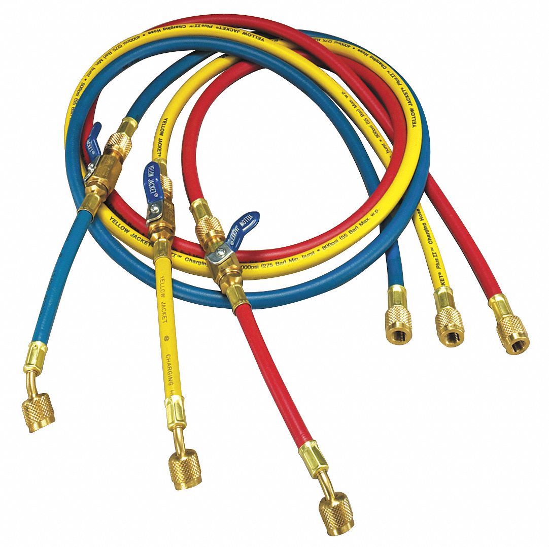HOSE, RUBBER/BRASS, 60 IN, ¼ IN FEMALE, 800/4000 PSI, 45 ° , BLUE/RED/YLW, FOR R-410A