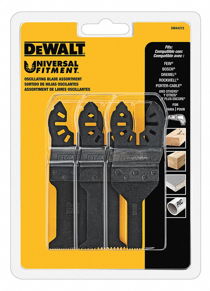 OSCILLATING TOOL BLADE SET, STEEL, 1¼ IN AND ¾ IN W, TOOTHED EDGE, WOOD, 3-PIECE