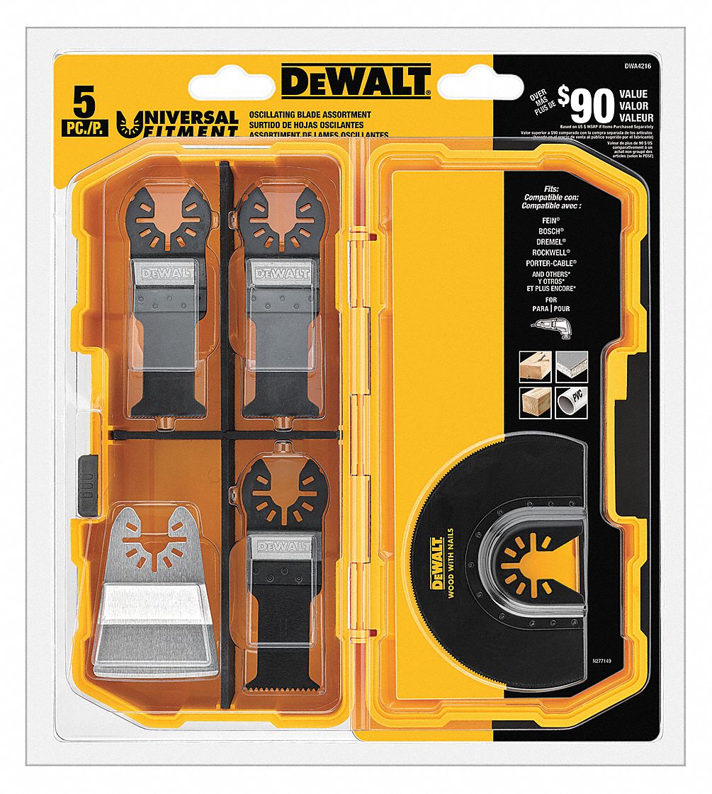 OSCILLATING TOOL BLADE SET, STEEL, 1¾ IN OVERALL LENGTH, STRAIGHT, OPEN-BACK, 5-PC