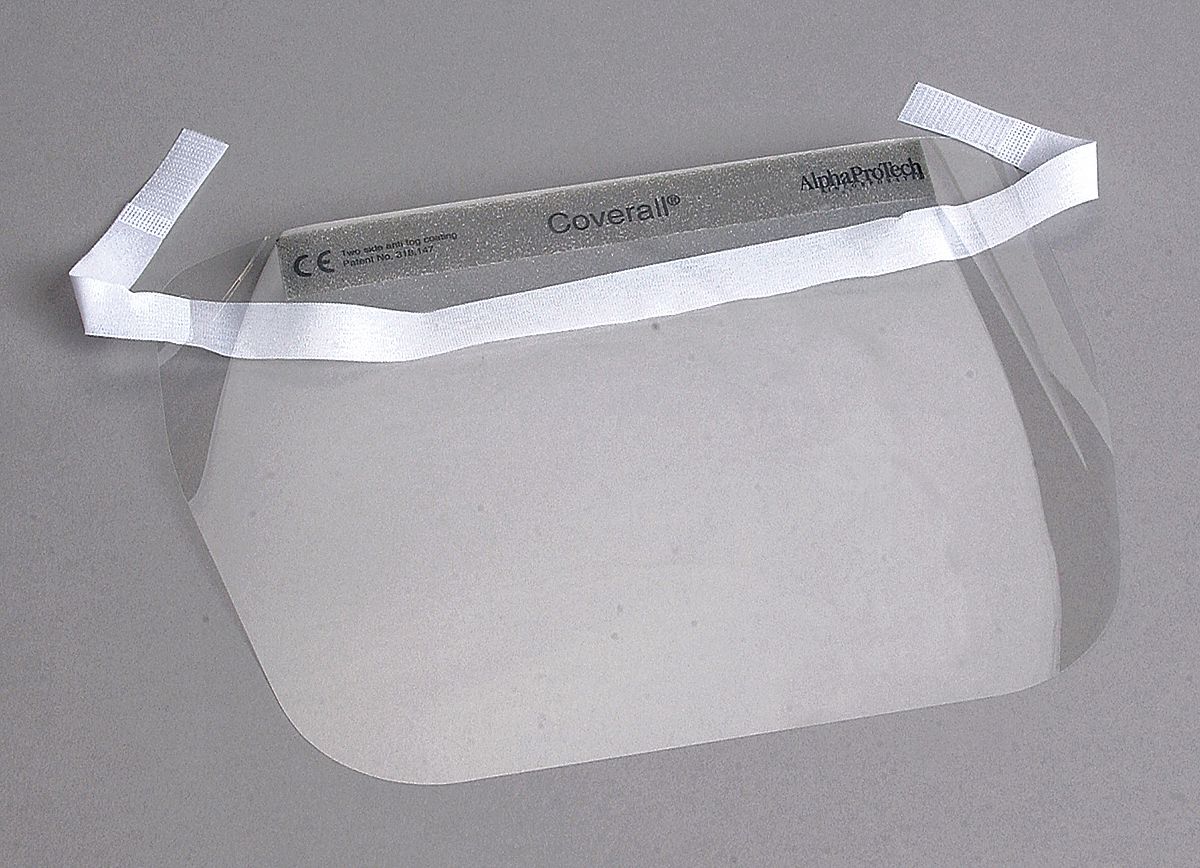 Disposable Face Shield Assembly: Hook-and-Loop, Polyester, Anti-Fog, Clear, 100 PK