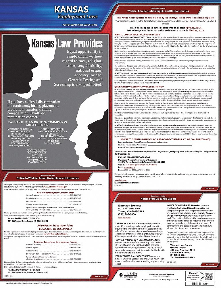 JJ KELLER, State Labor Law, KS, Labor Law Poster 29EA02100KS Grainger