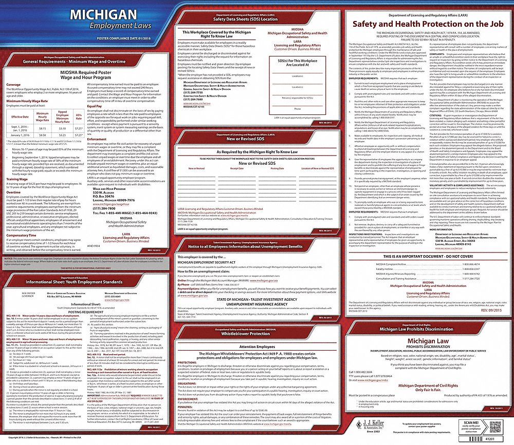 Labor Law Poster: State Labor Law, MI, English, Plastic, 30 in x 24 in, Labor Law