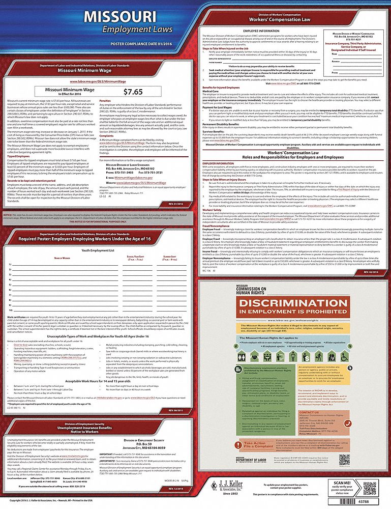 Labor Law Poster: State Labor Law, MO, English, Plastic, 20 in x 24 in, Labor Law