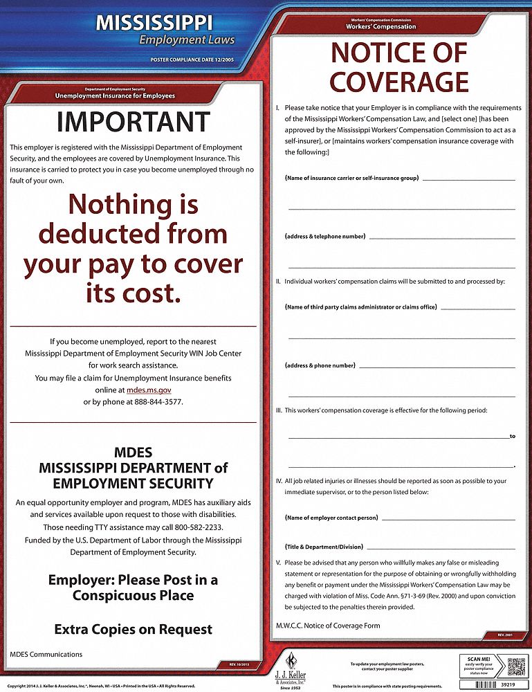 Labor Law Poster: State Labor Law, MS, English, Plastic, 20 in x 24 in, Labor Law