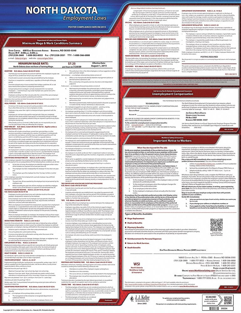 Labor Law Poster: State Labor Law, ND, English, Plastic, 20 in x 24 in, Labor Law