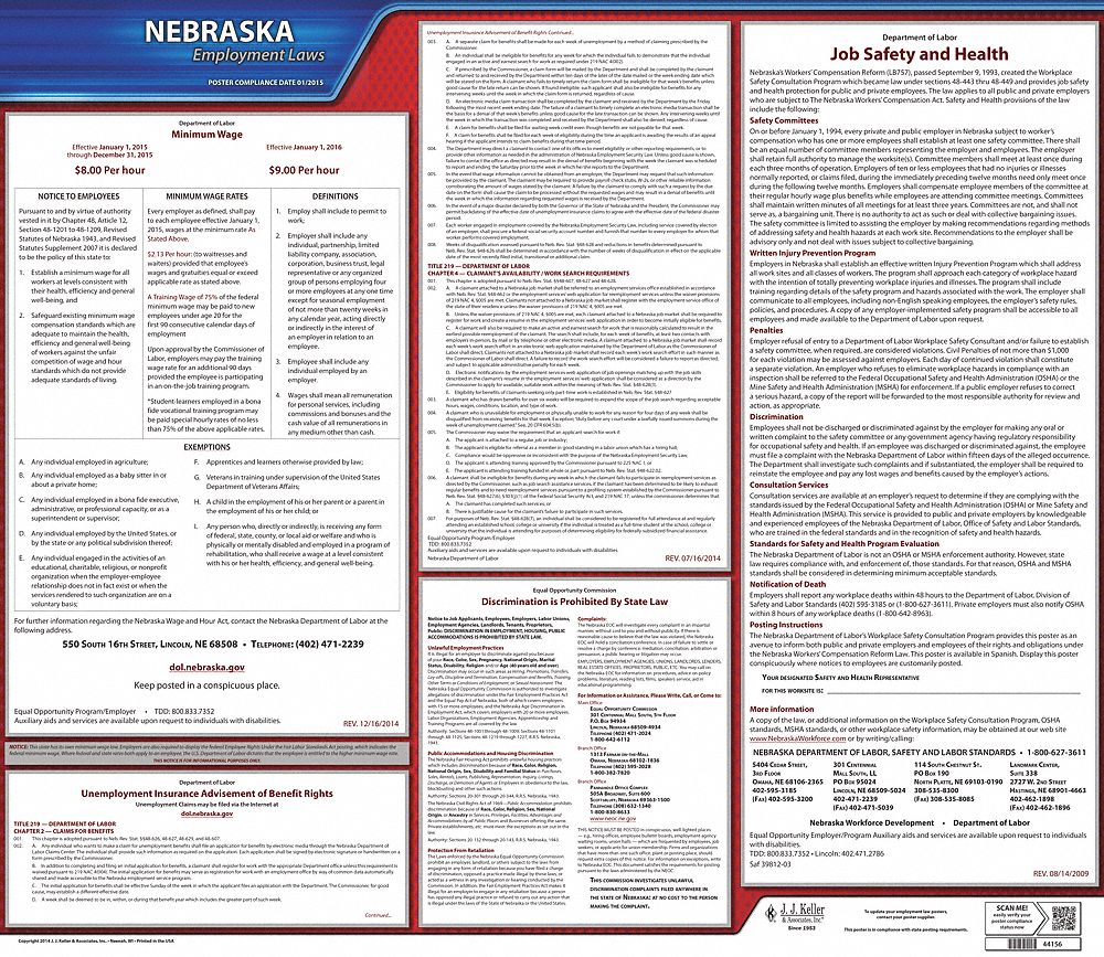 Labor Law Poster: State Labor Law, NE, English, Plastic, 30 in x 24 in, Labor Law